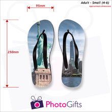Load image into Gallery viewer, Dimensions of Small adult sized personalised flip-flops with your own choice of image as produced by Photogifts.co.uk