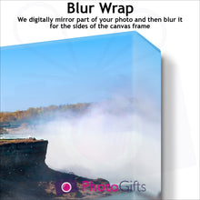 Load image into Gallery viewer, Close Up of corner of personalised canvas showing what the blur wrap border version is like by Photogifts.co.uk