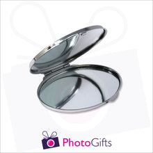 Load image into Gallery viewer, Partially opened personalised oval compact mirror with your own choice of image on the front as produced by Photogifts.co.uk