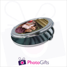 Load image into Gallery viewer, Partially closed personalised oval compact mirror with your own choice of image on the front as produced by Photogifts.co.uk