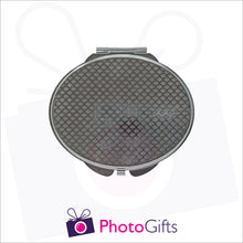 Load image into Gallery viewer, Back view of personalised oval compact mirror with your own choice of image on the front as produced by Photogifts.co.uk