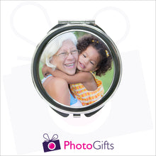 Load image into Gallery viewer, Personalised round compact mirror with your own choice of image on the front as produced by Photogifts.co.uk