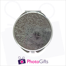 Load image into Gallery viewer, Back detail of personalised round compact mirror with your own choice of image on the front as produced by Photogifts.co.uk