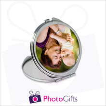Load image into Gallery viewer, Personalised round compact mirror with your own choice of image on the front as produced by Photogifts.co.uk