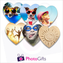 Load image into Gallery viewer, Six individually personalised heart shaped cork backed coasters with your own choice of image as produced by Photogifts.co.uk