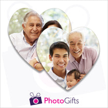 Load image into Gallery viewer, Two individually personalised heart shaped cork backed coasters with your own choice of image as produced by Photogifts.co.uk