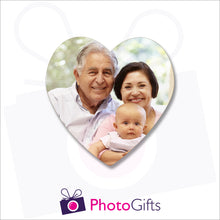 Load image into Gallery viewer, personalised heart shaped cork back coaster with your own choice of image on the front of the coaster as produced by Photogifts.co.uk
