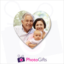 Load image into Gallery viewer, personalised heart shaped cork back coaster with your own choice of image on the front of the coaster as produced by Photogifts.co.uk