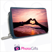 Load image into Gallery viewer, personalised denim wallet showing your own choice of image on the front flap as produced by Photogifts.co.uk