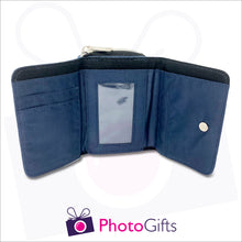 Load image into Gallery viewer, Personalised denim wallet inside detail with credit card slots, driver licence window pocket and main pocket for notes as produced by Photogifts.co.uk