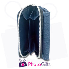 Load image into Gallery viewer, Zipped pocket of personalised denim wallet showing two compartments within the pocket as produced by Photogifts.co.uk