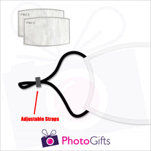 Load image into Gallery viewer, Picture of detail of adjustable straps for the personalised face mask and two carbon filters as produced by Photogifts.co.uk