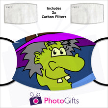 Load image into Gallery viewer, personalised face cover with the picture of a green faced witch with warts and two pictures of carbon filter inserts as produced by Photogifts.co.uk