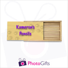 Load image into Gallery viewer, Large wooden personalised pencil case partially closed with your choice of image on the top as produced by Photogifts.co.uk