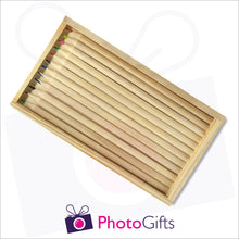 Load image into Gallery viewer, Large wooden personalised pencil case with top removed with your choice of image on the top as produced by Photogifts.co.uk