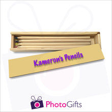Load image into Gallery viewer, Small wooden personalised pencil case with top resting on case with your choice of image on the top as produced by Photogifts.co.uk