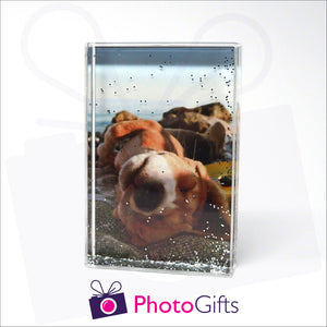 152mm x 102mm (6" x 4") clear acrylic freestanding block, in portrait orientation,  that can be personalised with your own choice of image. The block is filled with tiny silver glitter suspended within a clear liquid. The chosen image is clipped to the back of the block and shows through so you can see it behind the liquid. When the block is shaken the silver glitter will slowly make its way down to the bottom of the block similar to a snow globe