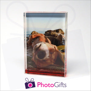 152mm x 102mm (6" x 4") clear acrylic freestanding block, in portrait orientation,  that can be personalised with your own choice of image. The block is filled with some red gel suspended within a clear liquid. The chosen image is clipped to the back of the block and shows through so you can see it behind the liquid. When the block is shaken the red gel will slowly make its way down to the bottom of the block similar to a snow globe