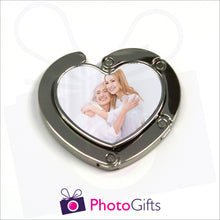 Load image into Gallery viewer, Heart shaped bag hanger in closed position with your own choice of image in the centre as produced by Photogifts.co.uk