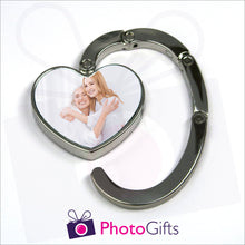 Load image into Gallery viewer, Heart shaped bag hanger partially open with your own choice of image in the centre as produced by Photogifts.co.uk