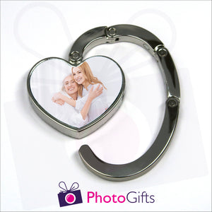Heart shaped bag hanger partially open with your own choice of image in the centre as produced by Photogifts.co.uk