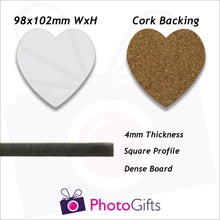 Load image into Gallery viewer, Information on personalised heart cork backed coasters as produced by Photogifts.co.uk
