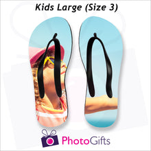 Load image into Gallery viewer, Large kids sized personalised flip-flops with your own choice of image as produced by Photogifts.co.uk