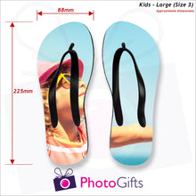 Load image into Gallery viewer, Dimensions of Large kids sized personalised flip-flops with your own choice of image as produced by Photogifts.co.uk