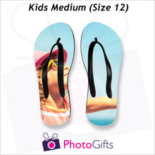 Load image into Gallery viewer, Medium kids sized personalised flip-flops with your own choice of image as produced by Photogifts.co.uk
