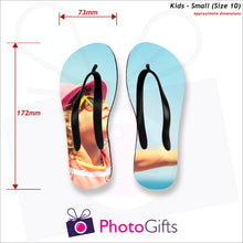 Load image into Gallery viewer, Dimensions of Small kids sized personalised flip-flops with your own choice of image as produced by Photogifts.co.uk