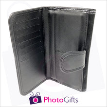Load image into Gallery viewer, Inside detail of personalised faux leather ladies maxi wallet showing section for credit cards as produced by Photogifts.co.uk