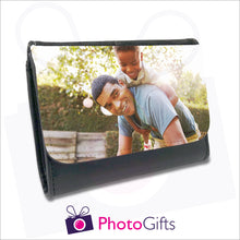 Load image into Gallery viewer, Personalised black faux leather ladies wallet with your own choice of image on the front flap as produced by Photogifts.co.uk
