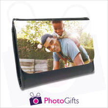 Load image into Gallery viewer, Personalised black faux leather ladies wallet with your own choice of image on the front flap as produced by Photogifts.co.uk