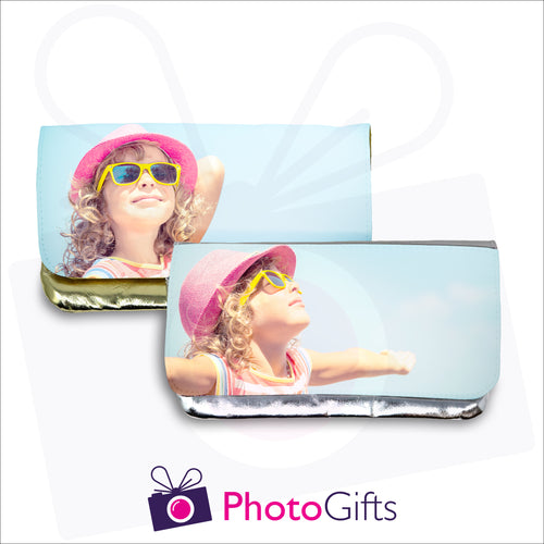 Gold and silver makeup bags with personalised own choice of image on the front flap as produced by Photogifts.co.uk