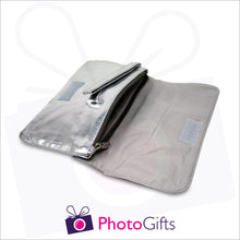 Load image into Gallery viewer, Inside zipped pocket and small carry handle of silver makeup bag that can be personalised from Photogifts.co.uk