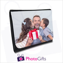 Load image into Gallery viewer, Personalised black faux leather mens wallet with your own choice of image on the front flap as produced by Photogifts.co.uk
