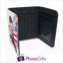 Load image into Gallery viewer, Inside detail of personalised mens faux leather wallet with your own choice of image on the front flap. Wallet shows details of credit card slots, windowed pocket for ID and main notes section as produced by Photogifts.co.uk