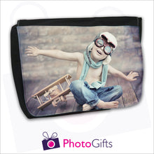 Load image into Gallery viewer, Large black messenger back with personalised own choice of image on the front flap by Photogifts.co.uk