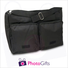 Load image into Gallery viewer, Two zipped compartments and a larger section together with detail of large shoulder strap from black personalised messenger back from Photogifts.co.uk