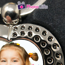 Load image into Gallery viewer, Close up picture of heart shaped metal pendant keyring with rhinestones and your own choice of image in the centre as produced by Photogifts.co.uk
