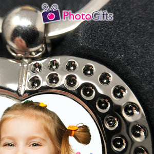 Close up picture of heart shaped metal pendant keyring with rhinestones and your own choice of image in the centre as produced by Photogifts.co.uk