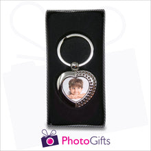 Load image into Gallery viewer, Personalised heart shaped metal pendant keyring with rhinestone detailing and your own choice of image in the centre. Keyring is displayed in a box as produced by Photogifts.co.uk