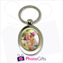 Load image into Gallery viewer, Metal pendant keyring in the shape of an oval with your own image in the centre of the keyring as produced by Photogifts.co.uk
