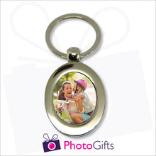 Load image into Gallery viewer, Metal pendant keyring in the shape of an oval with your own image in the centre of the keyring as produced by Photogifts.co.uk