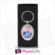 Load image into Gallery viewer, Oval shaped metal pendant keyring in presentation box which has a centre section that can be personalised with your own choice of image as produced by Photogifts.co.uk
