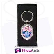 Load image into Gallery viewer, Oval shaped metal pendant keyring in presentation box which has a centre section that can be personalised with your own choice of image as produced by Photogifts.co.uk
