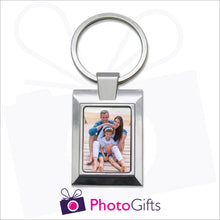 Load image into Gallery viewer, Metal pendant keyring in a rectangular shape with the centre section being customised with your own choice of image as produced by Photogifts.co.uk
