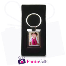 Load image into Gallery viewer, Metal rectangular boxed pendant keyring with your own choice of image in the centre as produced by Photogifts.co.uk