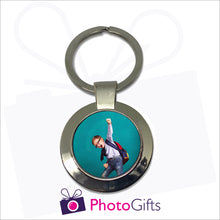 Load image into Gallery viewer, Round metal pendant keyring with your own choice of image in the centre as produced by Photogifts.co.uk