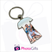 Load image into Gallery viewer, Metal sports strip shaped keyring with your own choice of image in the shape of the keyring as produced by Photogifts.co.uk